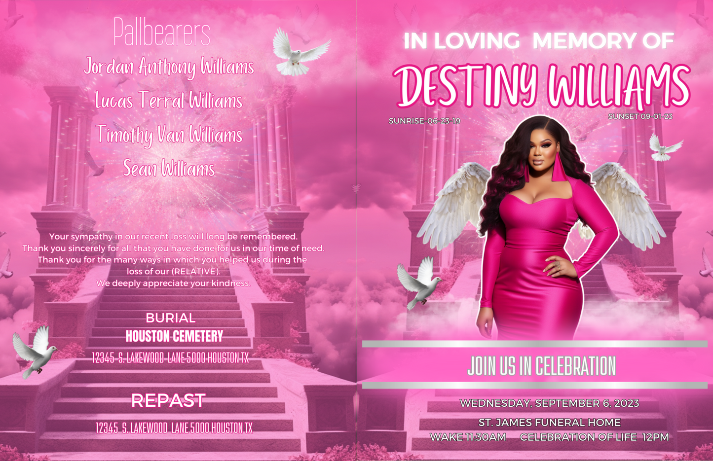Editable Destiny Pink Obituary Digital